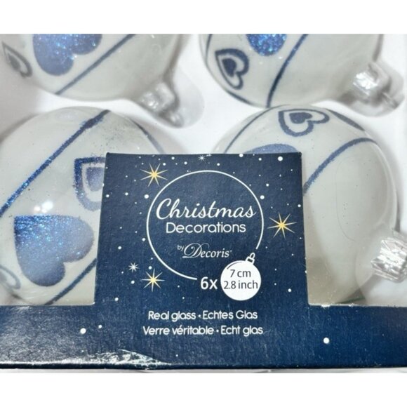 11 Vitbis Christmas Glass Ornaments Blue And White Glitter Heart Pattern - Picture 3 of 6